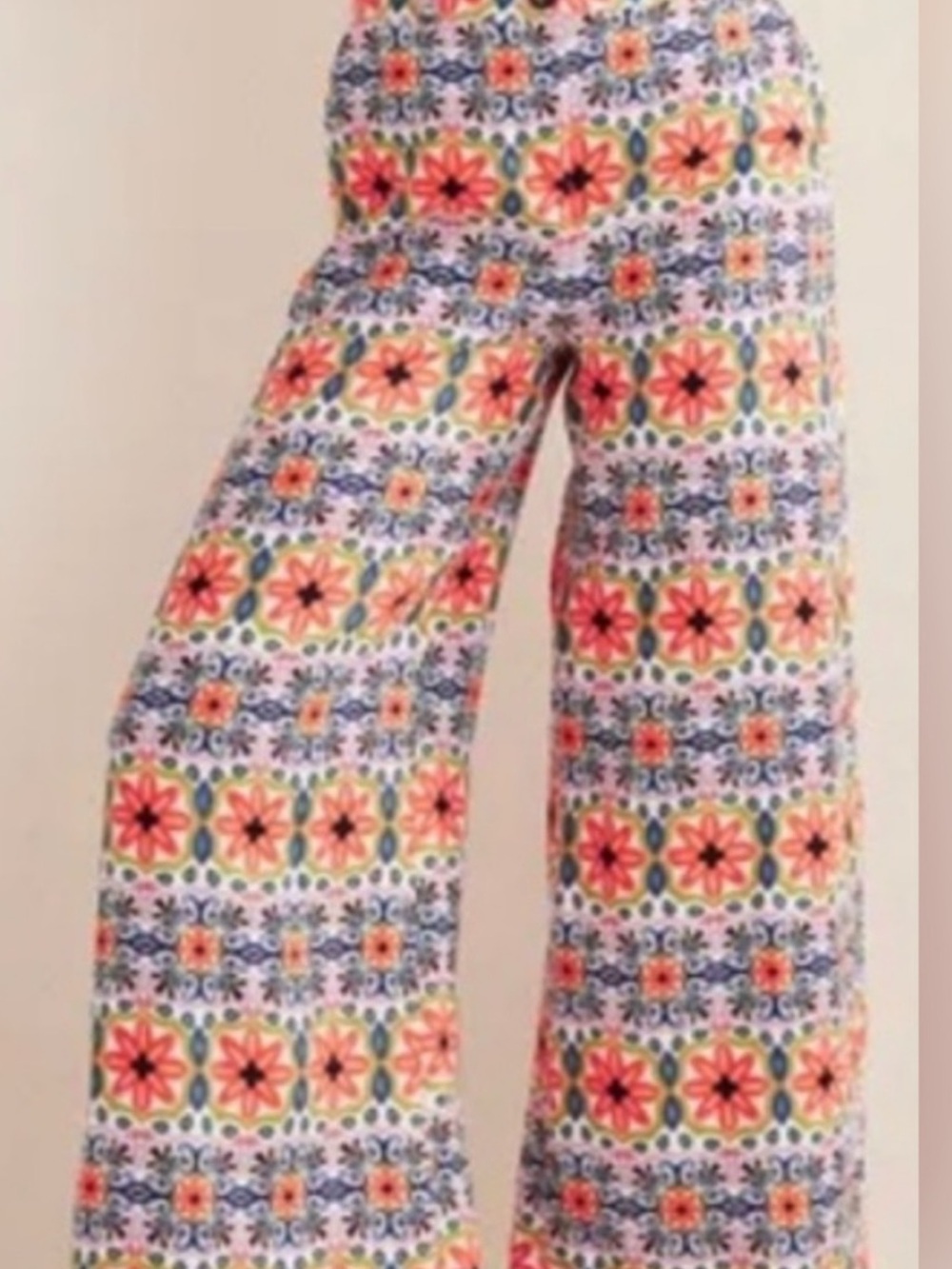 NWT Boden Wide-Leg Tile Floral Print Pants - Coral, Navy & Green